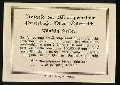 Notgeld Peuerbach 1920, 50 Heller, Ortsansicht mit Turm u. Wappen, Ritter und Landknecht