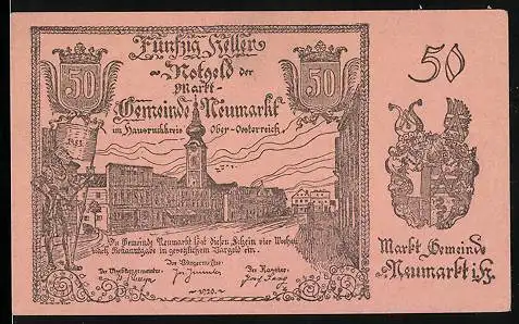 Notgeld Neumarkt 1920, 50 Heller, Ortspartie, Wappen