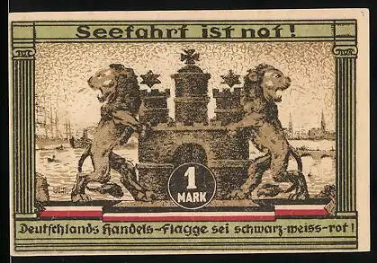 Notgeld Hamburg 1921, 1 Mark, Wappen mit Stadtpanorama, Sportler