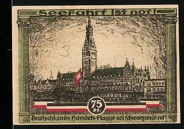 Notgeld Hamburg 1921, 75 Pfennig, Stadtpanorama mit Fahne, Sportler