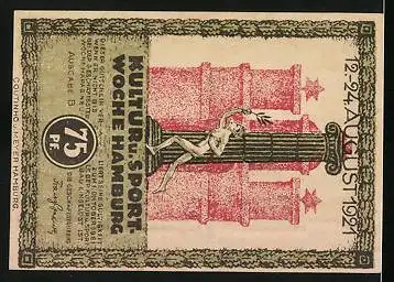 Notgeld Hamburg 1921, 75 Pfennig, Stadtpanorama mit Fahne, Sportler