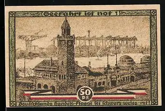 Notgeld Hamburg 1921, 50 Pfennig, Hafen-Panorama, Sportler