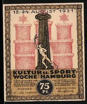 Notgeld Hamburg 1921, 75 Pfennig, Kirche, Sportler vor Säule und Stadttor