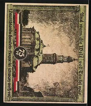 Notgeld Hamburg 1921, 75 Pfennig, Kirche, Sportler vor Säule und Stadttor