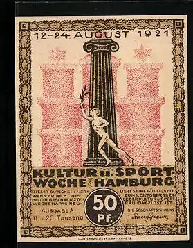 Notgeld Hamburg 1921, 50 Pfennig, Ozean-Dampfer, Sportler vor Säule und Stadttor