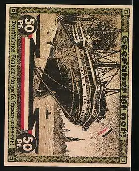 Notgeld Hamburg 1921, 50 Pfennig, Ozean-Dampfer, Sportler vor Säule und Stadttor