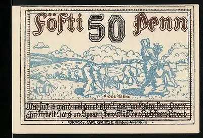 Notgeld Wandsbek 1920, 50 Pfennig, Wappen, Bauern auf dem Feld