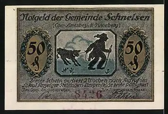 Notgeld Schnelsen, 50 Pfennig, Ortspartie, Bauer mit Kalb