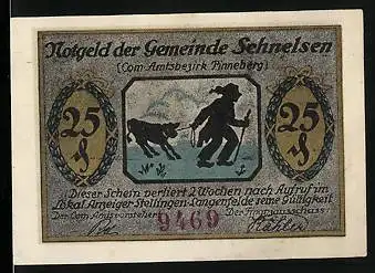 Notgeld Schnelsen, 25 Pfennig, Strassenpartie, Bauer mit Kalb