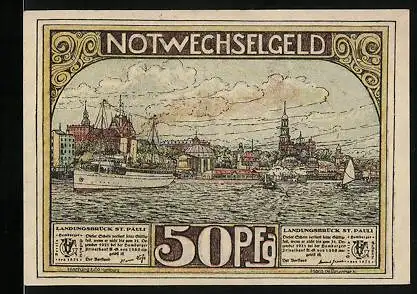 Notgeld Hamburg 1921, 50 Pfennig, Landungsbrück St. Pauli, Brand 1906, Kirche