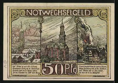 Notgeld Hamburg 1921, 50 Pfennig, Landungsbrück St. Pauli, Brand 1906, Kirche