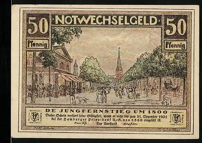 Notgeld Hamburg 1921, 50 Pfennig, Jungfernstieg um 1800, Hamburger Bürgerwehr um 1869