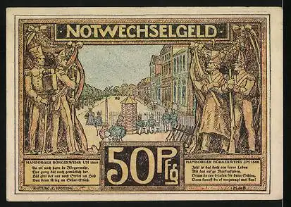 Notgeld Hamburg 1921, 50 Pfennig, Jungfernstieg um 1800, Hamburger Bürgerwehr um 1869