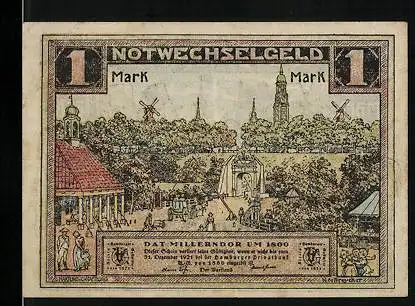 Notgeld Hamburg 1921, 1 Mark, Millerndor um 1800, Hamborgs Originole