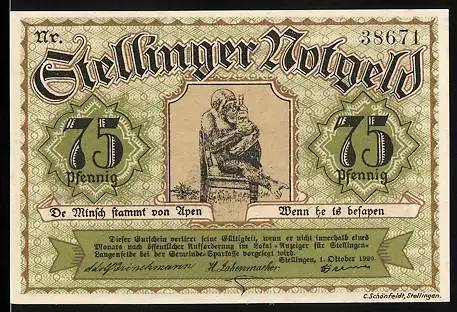 Notgeld Stellingen 1920, 75 Pfennig, Affe mit Flasche, Carl Hagenbeck mit Raubtieren