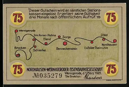 Notgeld Wernigerode 1921, 75 Pfennig, Nordhausen-Wernigeroder Eisenbahn, Bahnstrecke, Wappen, Ortsansichten