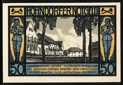 Notgeld Hohndorf 1921, 50 Pfennig, Siedlung Glückauf, Bergleute, Bergmann vor Bergwerk