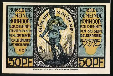 Notgeld Hohndorf 1921, 50 Pfennig, Siedlung Glückauf, Bergleute, Bergmann vor Bergwerk