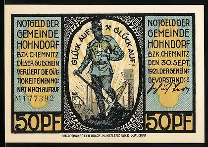 Notgeld Hohndorf 1921, 50 Pfennig, Gewerkschaft Gottessegen, Bergleute, Bergmann vor Bergwerk