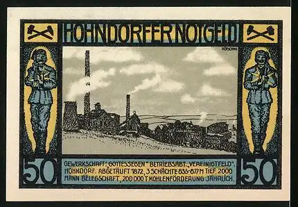 Notgeld Hohndorf 1921, 50 Pfennig, Gewerkschaft Gottessegen, Bergleute, Bergmann vor Bergwerk