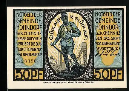 Notgeld Hohndorf 1921, 50 Pfennig, Gewerkschaft Deutschland, Bergleute, Bergmann vor Bergwerk