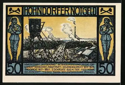 Notgeld Hohndorf 1921, 50 Pfennig, Gewerkschaft Deutschland, Bergleute, Bergmann vor Bergwerk