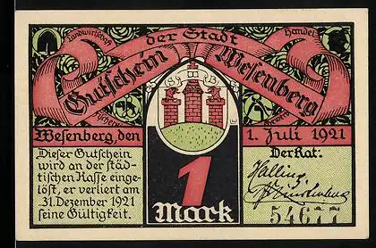 Notgeld Wesenberg 1921, 1 Mark, Wappen, Schützengilde