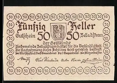 Notgeld Zell /Pram 1920, 50 Heller, Schloss Zell, Wappen