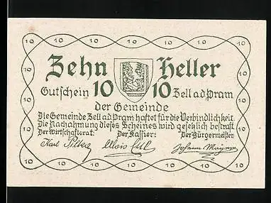 Notgeld Zell /Pram 1920, 10 Heller, Ortspartie, Wappen