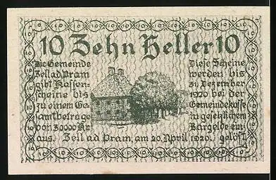 Notgeld Zell /Pram 1920, 10 Heller, Ortspartie, Wappen