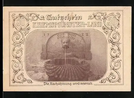 Notgeld Kremsmünster-Land 1920, 50 Heller, Brunnen, Eichentor