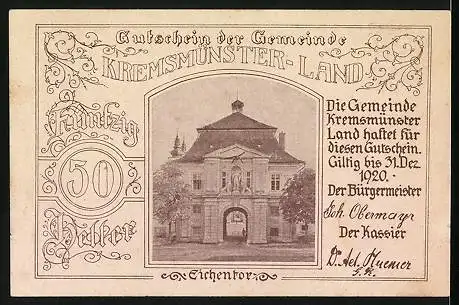 Notgeld Kremsmünster-Land 1920, 50 Heller, Brunnen, Eichentor