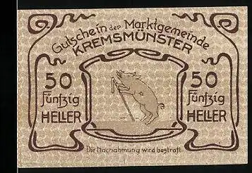 Notgeld Kremsmünster 1920, 50 Heller, Schwein mit Stock, Sternwarte