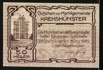 Notgeld Kremsmünster 1920, 50 Heller, Schwein mit Stock, Sternwarte