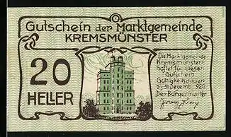 Notgeld Kremsmünster 1920, 20 Heller, Schwein mit Stock, Sternwarte