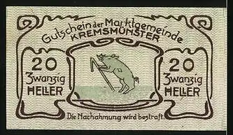 Notgeld Kremsmünster 1920, 20 Heller, Schwein mit Stock, Sternwarte
