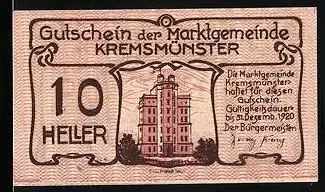 Notgeld Kremsmünster 1920, 10 Heller, Schwein mit Stock, Sternwarte