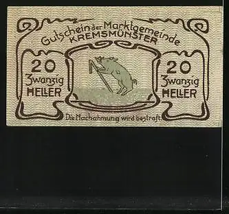 Notgeld Kremsmünster 1920, 20 Heller, Schwein mit Stock, Sternwarte