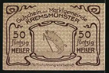 Notgeld Kremsmünster 1920, 50 Heller, Schwein mit Stock, Sternwarte