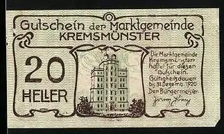Notgeld Kremsmünster 1920, 20 Heller, Schwein mit Stock, Sternwarte