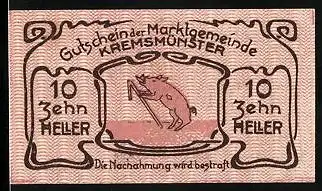 Notgeld Kremsmünster 1920, 10 Heller, Schwein mit Stock, Sternwarte