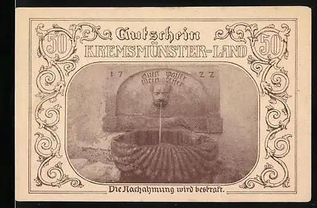 Notgeld Kremsmünster-Land 1920, 50 Heller, Brunnen, Eichentor