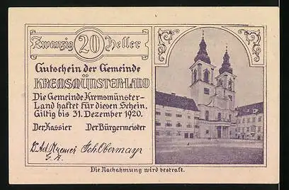 Notgeld Kremsmünster-Land 1920, 20 Heller, Tassilobecher, Kirche, Drachen, Stift