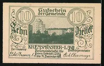 Notgeld Kremsmünster-Land 1920, 10 Heller, Fischbehälter, Sternwarte u. Stift