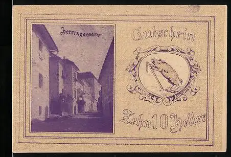 Notgeld Kremsmünster 1920, 10 Heller, Herrengasse, Wappen, Rathaus, Franz Hönig