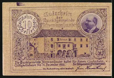 Notgeld Kremsmünster 1920, 10 Heller, Herrengasse, Wappen, Rathaus, Franz Hönig