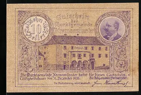 Notgeld Kremsmünster 1920, 10 Heller, Herrengasse, Wappen, Rathaus, Franz Hönig