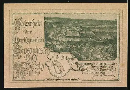 Notgeld Kremsmünster 1920, 20 Heller, Ortsansicht, Guntherdenkmal, Wappen