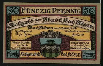 Notgeld Bad Kösen 1921, 50 Pfennig, Gesamtansicht mit Brücke