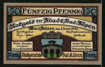 Notgeld Bad Kösen 1921, 50 Pfennig, Teilansicht mit Kirche